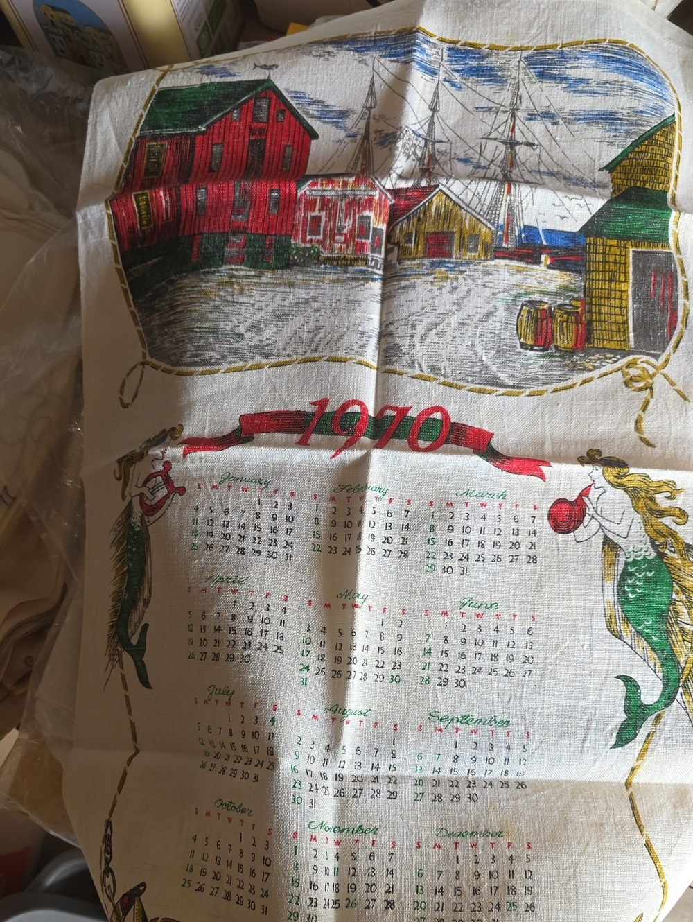 Vintage 1970 Calendar Tea Towel with Mermaid Motif